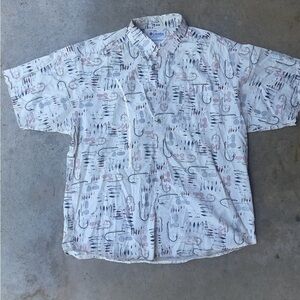 Vtg Columbia Men’s Fishing Shirt XL Hook Lure All Over Print Cotton